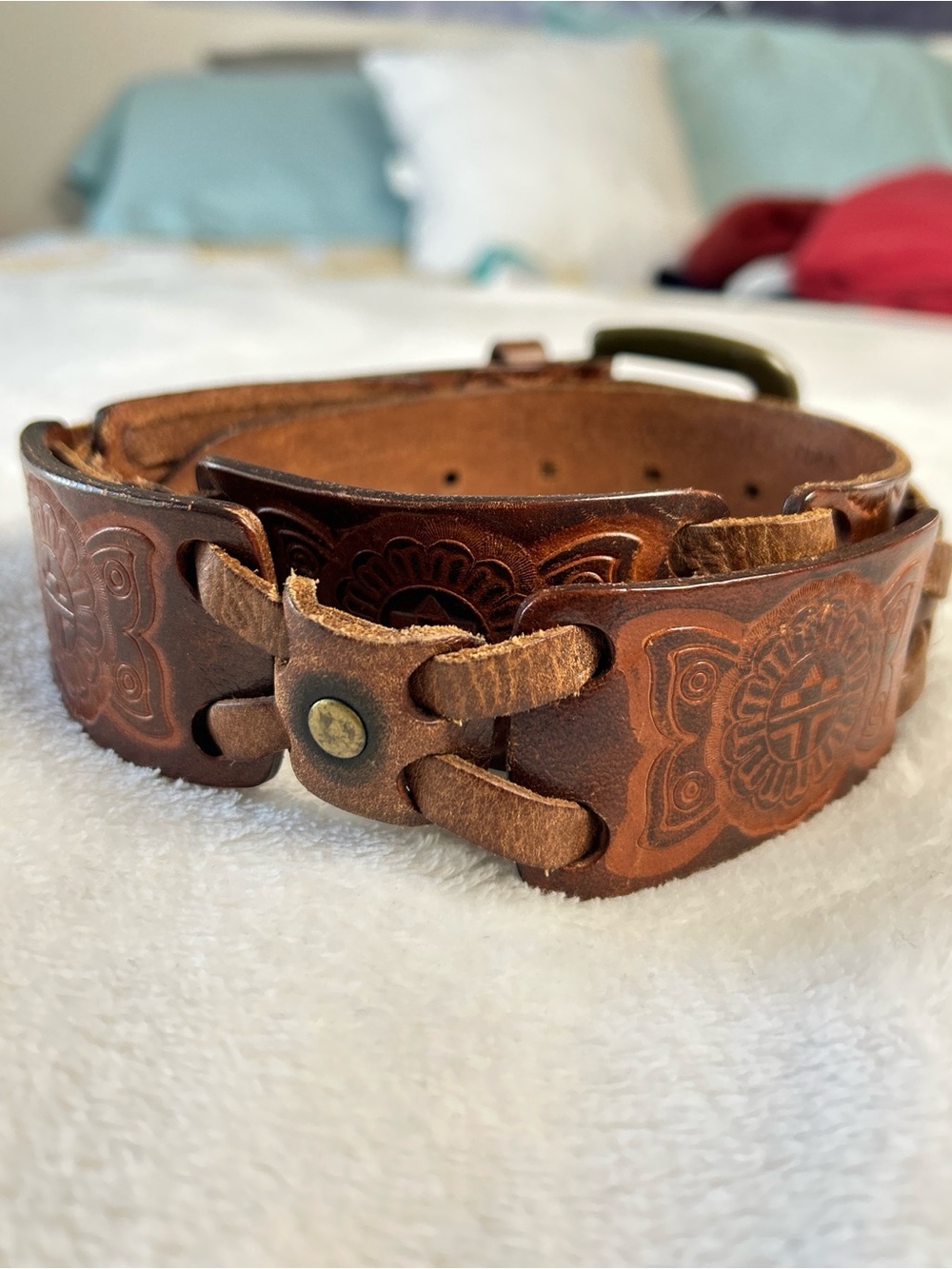 Fossil Tooled Leather Link Belt Southwestern Boho Large Size 34-38" - Picture 5 of 10